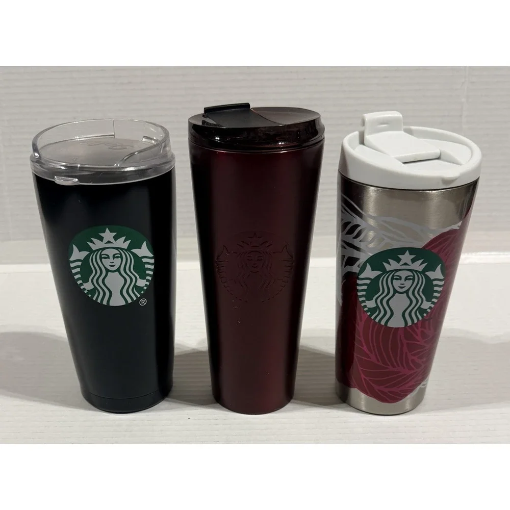 STARBUCKS 3 Metal Travel Tumblers 2017 Black Mermaid 2022 Red Holiday 2014 Roses